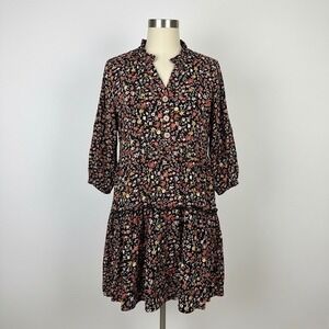 J Gee Black Floral Print Tiered Mini Dress Womens Size Small Rayon Prairie